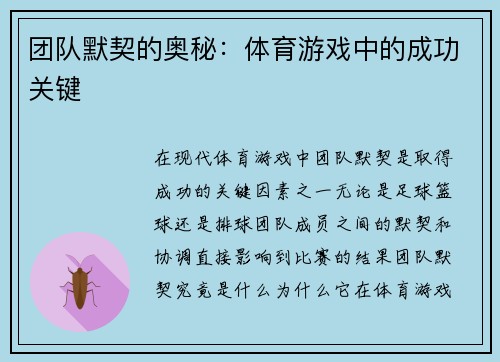 团队默契的奥秘：体育游戏中的成功关键